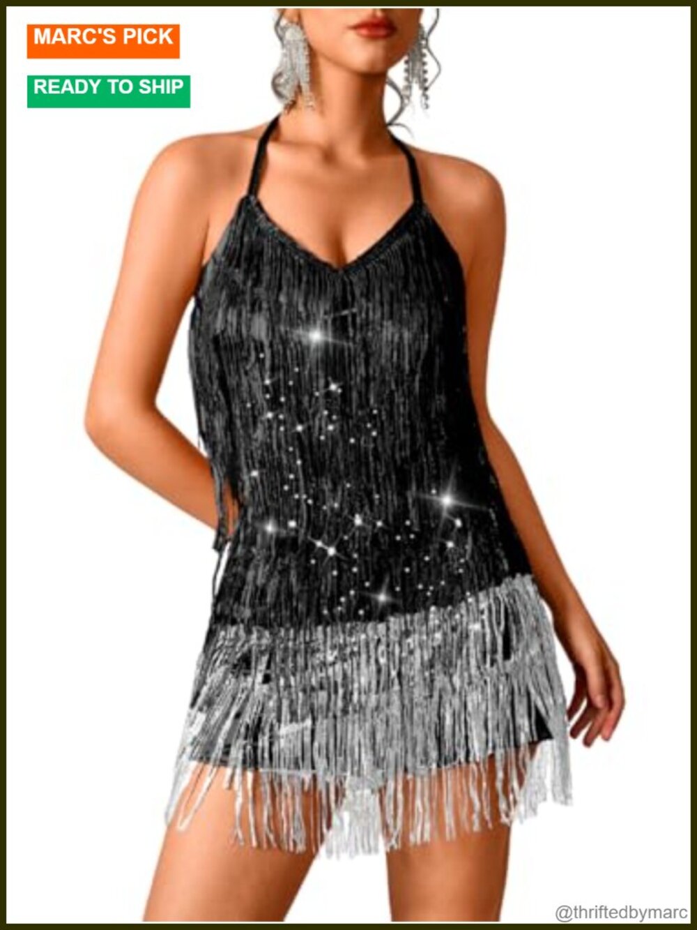 Kaei&Shi Sequin Fringe Halter Romper Mini Dress Rave Festival